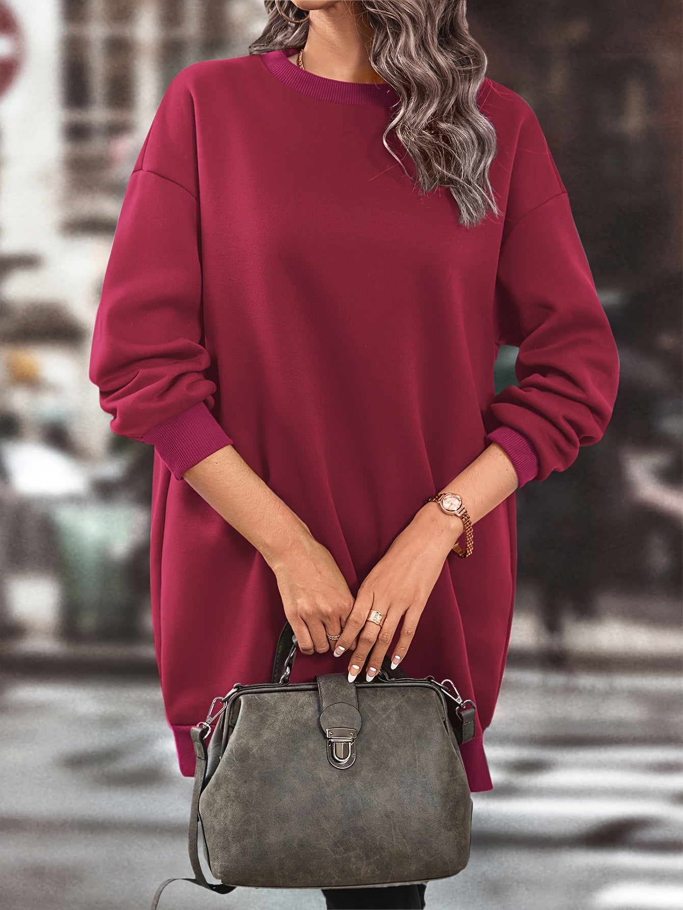 Elegant Women'S Fleece-Lined Sweatshirt Dress - Polyester Knit Fabric, Solid Color, Crew Neck, All-Season Loose Long Sleeve Casual Wear