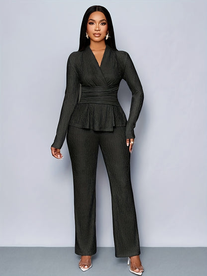 Elegant Women'S V-Neck Long Sleeve Top and Wide Leg Pants Two-Piece Set, Asymmetrical Hem Two-Piece Outfit for Casual Daily Wear, Winter Women'S Clothing