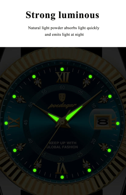 POEDAGAR Luxury Men'S Quartz Watch - Waterproof, Luminous, Stainless Steel Band, Blue & Golden Accents, Date & Week Display, Casual Elegant Timepiece with Backpack Clasp