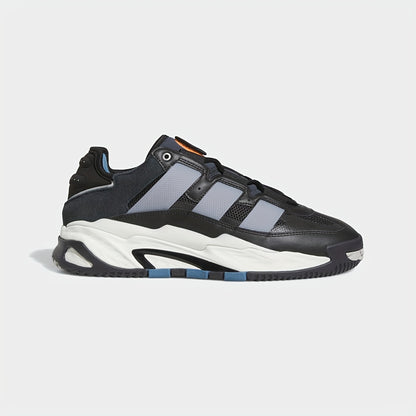 Adidas Niteball Low-Top Sneakers for Men & Women - Striped Casual Shoes with Genuine Leather Upper, Breathable Fabric Lining & Rubber Sole, Black/Blue/Orange Accents (FZ5742), Athletic Footwear, Modern Triptych Design, Durabl