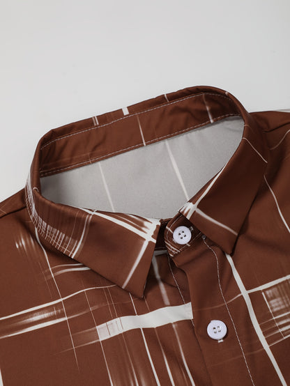 Men'S Stylish Gradient Shirt Set - Brown & White Geometric Pattern, Short Sleeve with Pocket, Loose Fit Shorts, Perfect for Beach, Camping, Fishing & Outdoor Activities, Casual Attire|Geometric Pattern Shirt|Woven Fabri