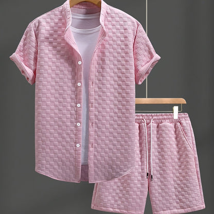 Men'S Casual Summer Short Sleeve Shirt & Shorts Set - Light Blue, Button-Up, Polyester, Perfect for Casual Attire, Parties, and Outdoor Activities, Casual Summer Wear|Short Sleeve Shirt|Polyester Fabri