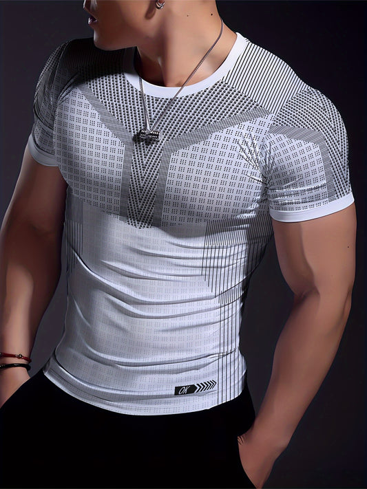 A Black And White Patterned Print Design, Men'S Sporty Fashion, Geometric Print High-Elastic Tight-Fitting Short-Sleeve Round-Neck T-Shirt, Quick-Drying Sports Top for Summer Fitness, Training, And Workout, with a Cool Feel,