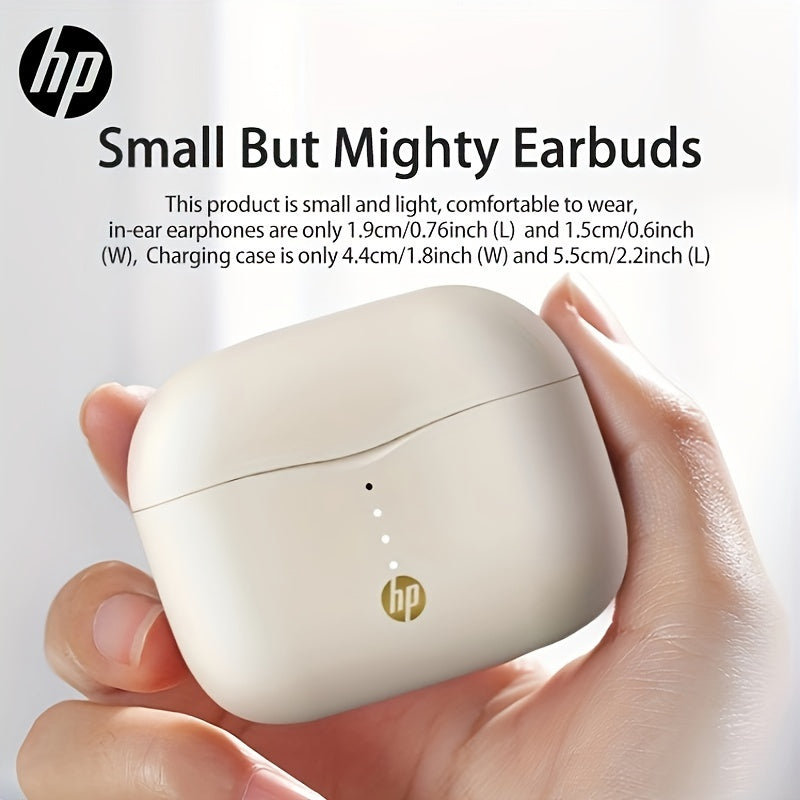 HP True Wireless ականջակալներ, թեթև ականջակալներ ներկառուցված միկրոֆոնով, որոնք ապահովում են հիանալի ձայն և երկար հեռավորության վրա կապ, լիցքավորման պատյանով - հարմար են և՛ iPhone-ի, և՛ Android սարքերի համար։