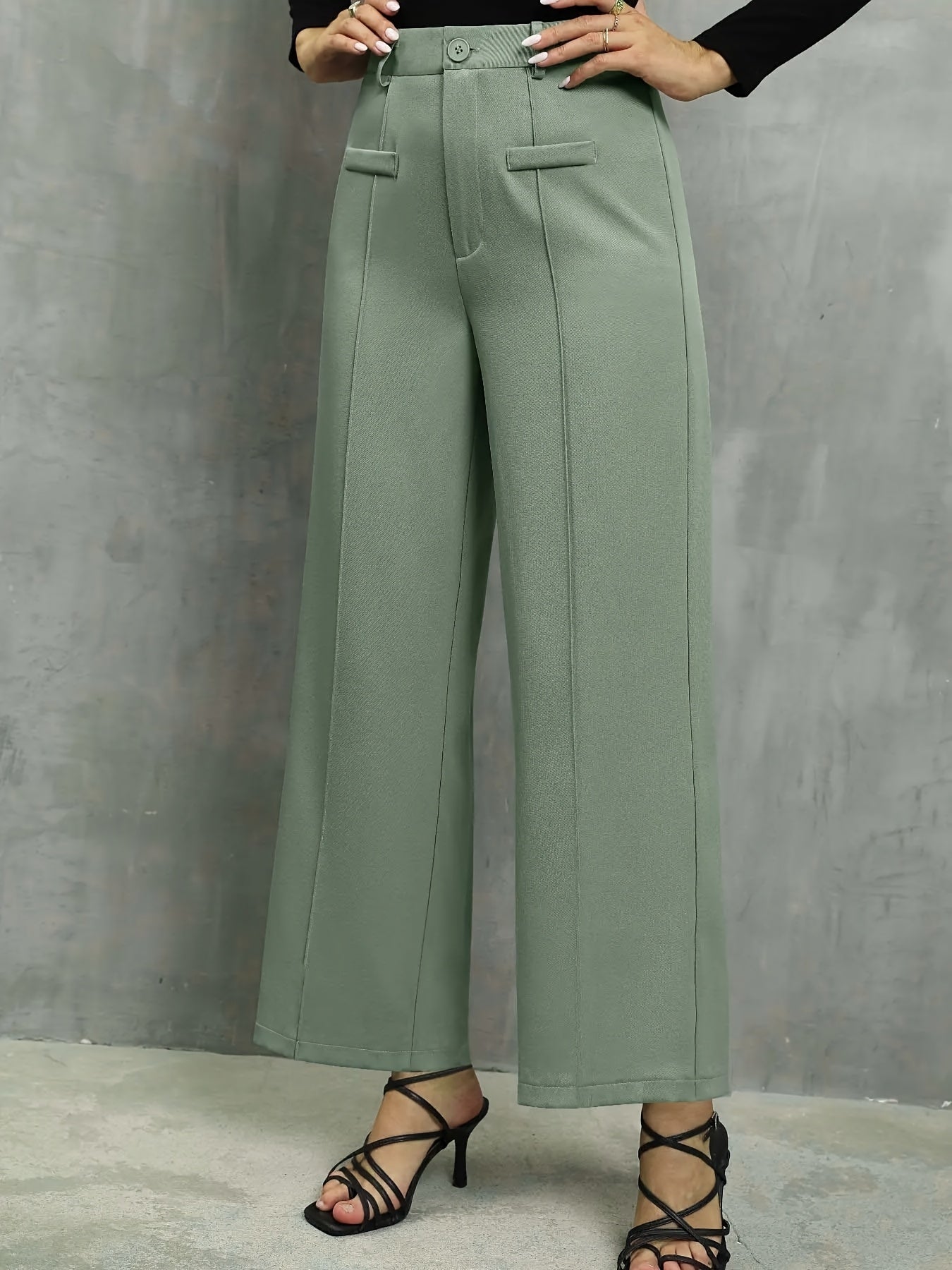 Women's Elegant High-Waist Light Blue Straight-Leg Pants - Polyester, Machine Washable, Faux Pocket Detail, Ideal for Fall/Winter, Autumn Winter Clothing | Elegant Casualwear | Smooth Texture