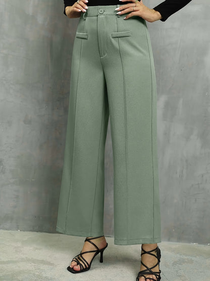 Women's Elegant High-Waist Light Blue Straight-Leg Pants - Polyester, Machine Washable, Faux Pocket Detail, Ideal for Fall/Winter, Autumn Winter Clothing | Elegant Casualwear | Smooth Texture