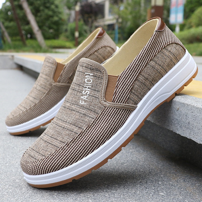 Men'S Casual Slip-On Loafers - Lightweight Breathable Fabric Upper, White Rubber Sole, Brown Accents, Comfortable for Outdoor Walking & Casual Attire, Summer Footwear, Stylish Slipons, Durable Traction Footwear