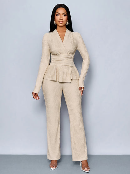 Women'S Elegant Beige Two-Piece Suit with V-Neck and Long Sleeves, Asymmetrical Hem, Wide Leg Pants, and Clutch - Perfect for Office or Casual Wear, Casual Attire|Elegant Two-Piece Set|Asymmetrical Hemline