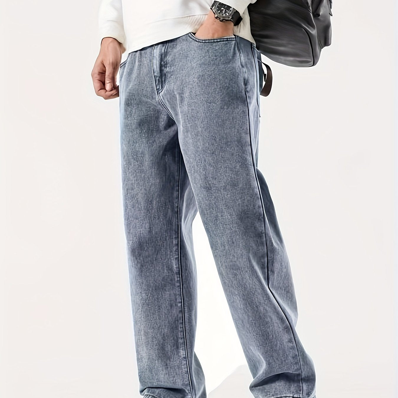 Men'S Casual Denim Jeans, 54% Cotton 32% Polyester 12% Viscose, Solid Color, Regular Fit, Straight Leg, All-Season, Woven Fabric, 290g/m², with Pockets - Adult