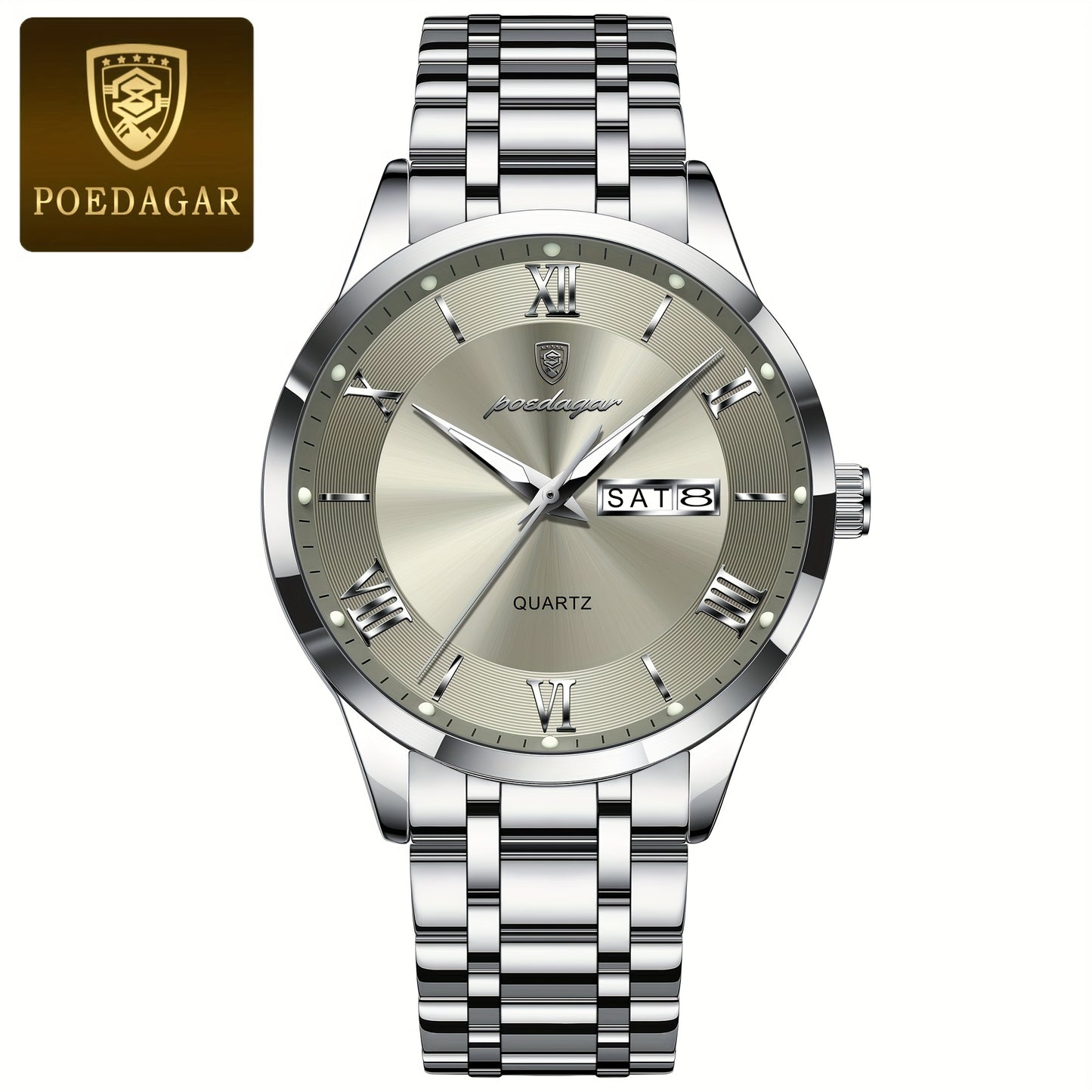 POEDAGAR Men'S Quartz Watch, Sports Style, Waterproof 3ATM, Luminous Calendar, Stainless Steel Strap, Pointer Display, Alloy Case, Electronic Drive, Non-Rechargeable Button Battery, with Spring Festival and Football Holiday T