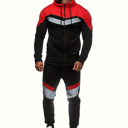 Men'S Autumn and Winter Fleece Sweatshirt Set with Hooded Drawstring Patchwork Sweatpants Casual Sporty Style Long Sleeve Jacket