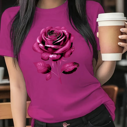 The Black Roseprint t-shirt, short sleeve crew neck casual top for summer & spring, Women's clothing gift