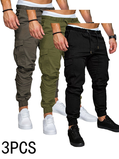 3-Pack Men'S Casual Cotton Cargo Pants, Solid Color, Non-Stretch, Regular Length, Drawstring Waist, Four Seasons, Standard Fit, Woven Fabric
