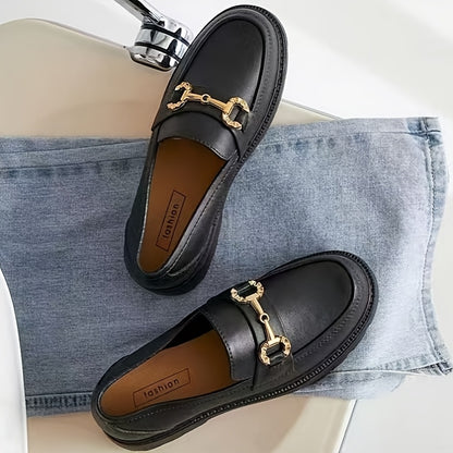 Women's Summer Fashion Loafers - Slip-On Platform Shoes with Metallic Buckle Decor, Round Toe, Cream/Black/Brown, Thick Sole TPU Material for Casual Outdoor Wear
