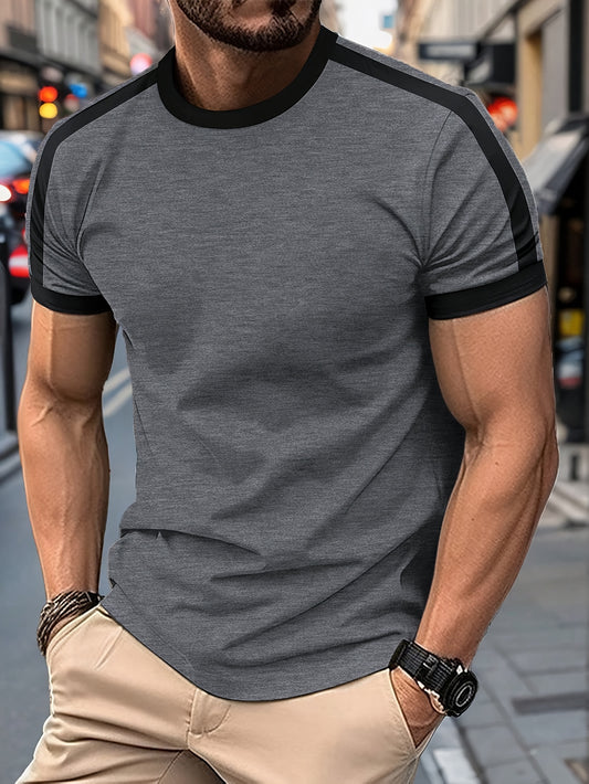 Men's Lightweight Summer Casual T-Shirt - Short Sleeve, Crew Neck, Two-Tone Color Block Design (Light Gray & Dark Gray), Machine Washable, Perfect for Casual Attire, Smooth Texture Fabric
