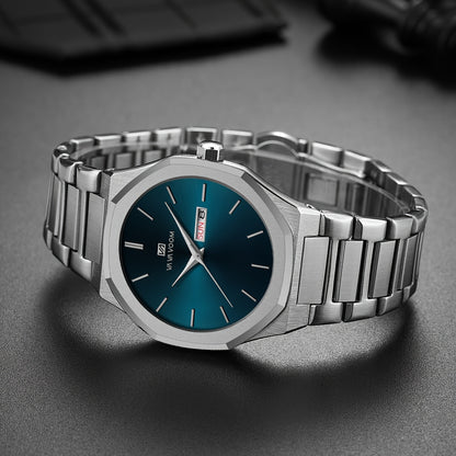 1pc Men'S Luxury Business Style Watch - Blue & Golden Stainless Steel, 42mm, Dual Calendar Quartz Movement, VA VOOM Brand, Outdoor Sports & Leisure Gift, Outdoor Sports Watch | Elegant Watch Design | Quartz Watch Movement, Lu