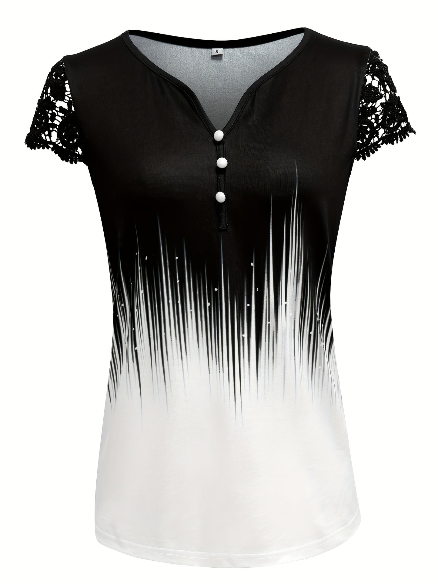 Women's Summer V-Neck Contrast Color-Block Button-Front T-Shirt with Lace Sleeve Accents - Casual Short Sleeve Top, Regular Fit, Machine Washable, Elegant Contrast Design for Casual & Dressy Outfits