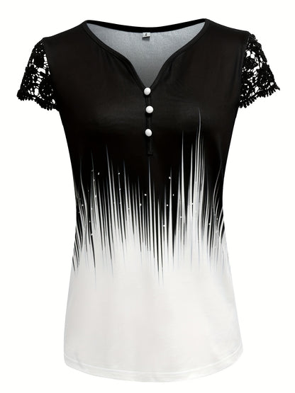 Women's Summer V-Neck Contrast Color-Block Button-Front T-Shirt with Lace Sleeve Accents - Casual Short Sleeve Top, Regular Fit, Machine Washable, Elegant Contrast Design for Casual & Dressy Outfits