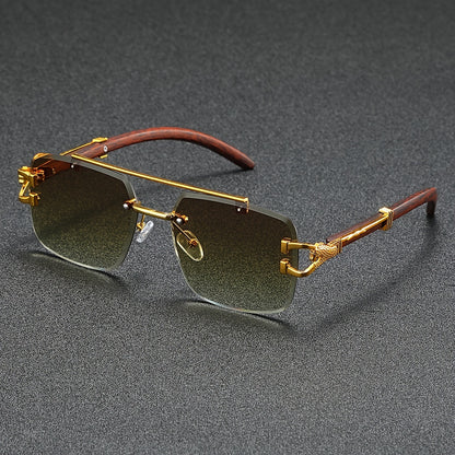 A Pair of Frameless, Beveled-Edge, Square Double-Beam Glasses, New Trendy Leopard-Print Fashion, Faux Wood Grain, Versatile for Men And Women, for Taking Photos.