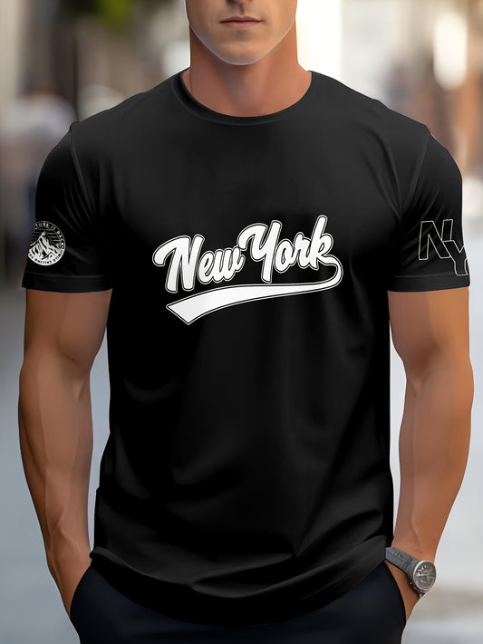1pc Men's Summer Breathable Quick-Dry T-Shirt - 100% Polyester Moisture-Wicking, Casual Short Sleeve Round Neck Tee with New York Graphic Print for Outdoor Sports & Casual Attire