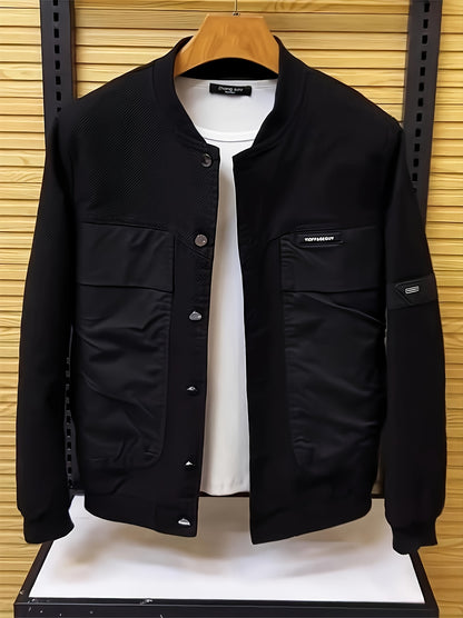 Men's Casual Sports Windbreaker Jacket, Outdoor Solid Color Design, Spring/Fall Fashionable Versatile Baseball Collar Jacket With Pockets