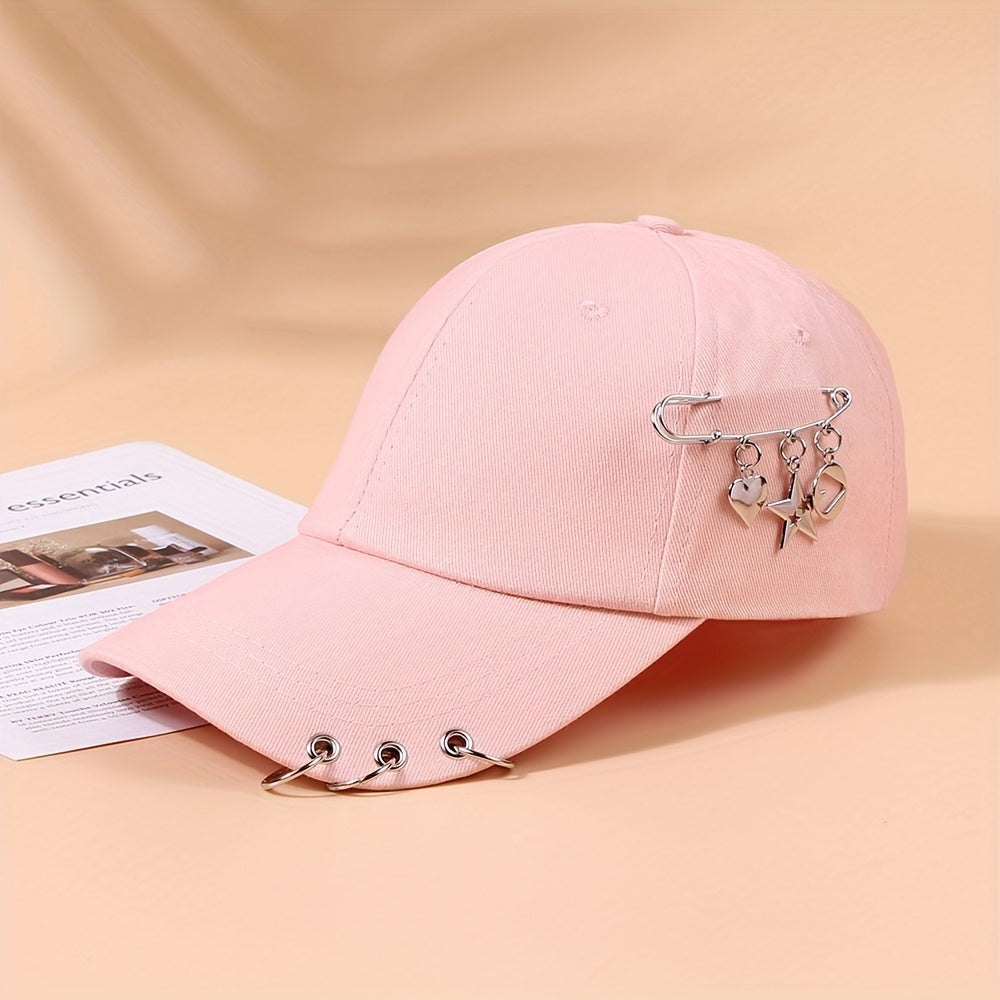 Adjustable Black Polyester Baseball Cap for Women - Trendy Korean Style with Heart & Star Pin, Versatile Fashion Accessory for Spring/Summer, Baseball Cap