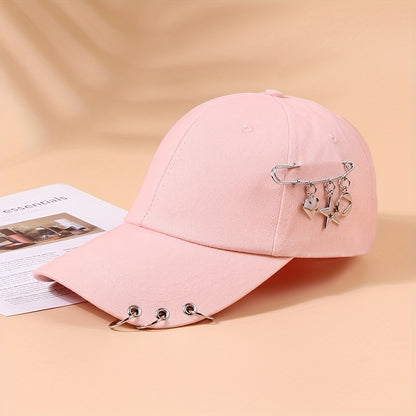 Adjustable Black Polyester Baseball Cap for Women - Trendy Korean Style with Heart & Star Pin, Versatile Fashion Accessory for Spring/Summer, Baseball Cap