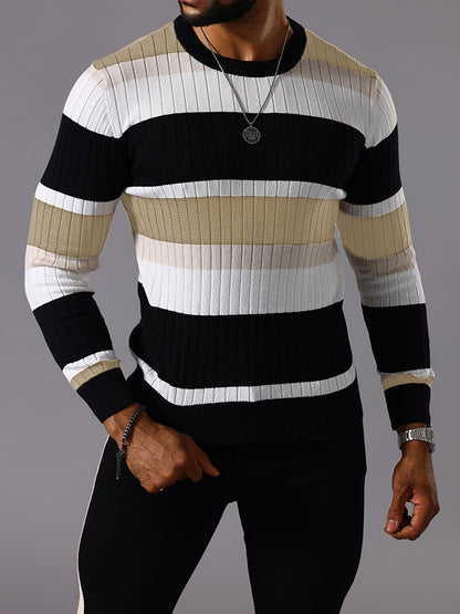 Men's Striped Color-Block Ribbed Knit Sweater - Long Sleeve Round Neck Pullover with Elastic Comfort Fit, Machine Washable Casual Fall Winter Top in Black/White/Green/Beige, Knit Sweater, Medium Elasticity