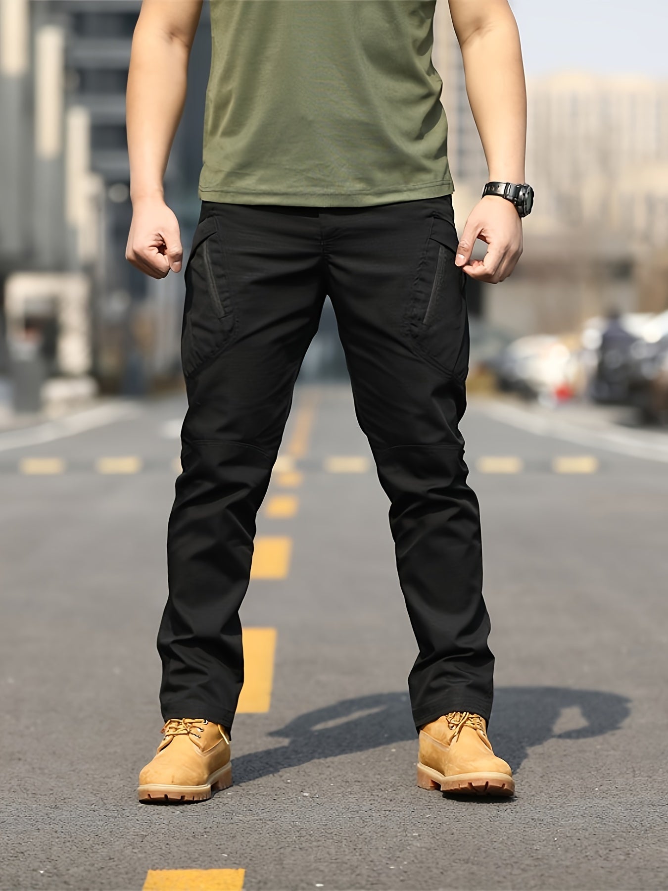 Men's Olive Green Tactical Cargo Pants - Durable Polyester, Multi-Pocket Design for Hiking & Outdoor Adventures, Machine Washable, Camping Gear