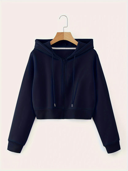 Zip Up Cropped Drawstring Hoodie, Casual Long Sleeve Sweatshirt For Spring & Fall, Women's Clothing