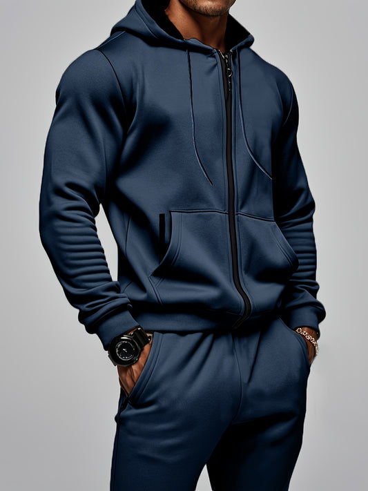 2pcs Men's Solid Color Hooded Long Sleeve Sweatshirt + Pants Set, Casual Co-ord Sports Fitness Set