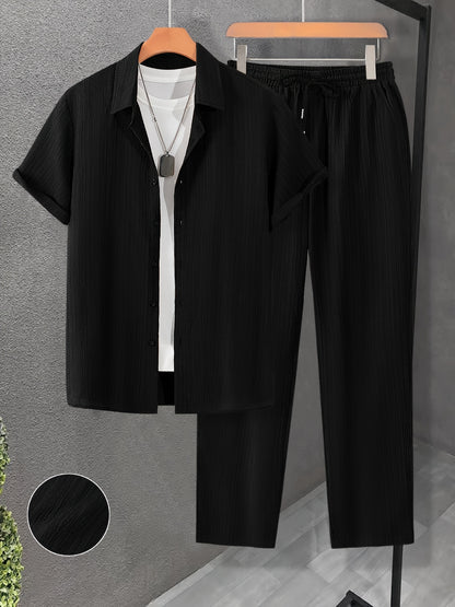 Men's Casual 2-Piece Outfit, Summer Solid Color Shirt & Pants Set, Comfy Button Up Shirt, Breathable Drawstring Pants
