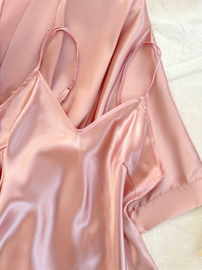 Women'S All-Season V-Neck Pajama Set - Comfortable, Sexy, Polyester 4pcs Sleepwear with Tie Waist And Drawstring Shorts, Perfect for Autumn And Winter, Autumn Winter Sleepwear | Stylish Sleepwear | Polyester Fabric