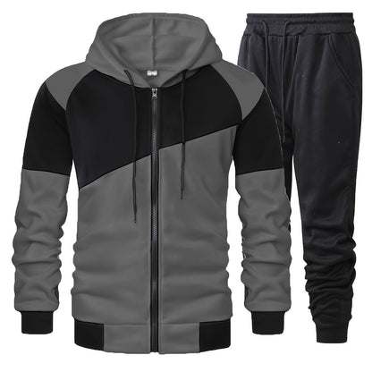 Elson OBM Men's Autumn and Winter Sportswear Set, Men's Color Block Long Sleeve Hooded Zip-Up Jacket with Solid Drawstring Joggers Outdoor and Sports Outfit... Top Bottoms Set