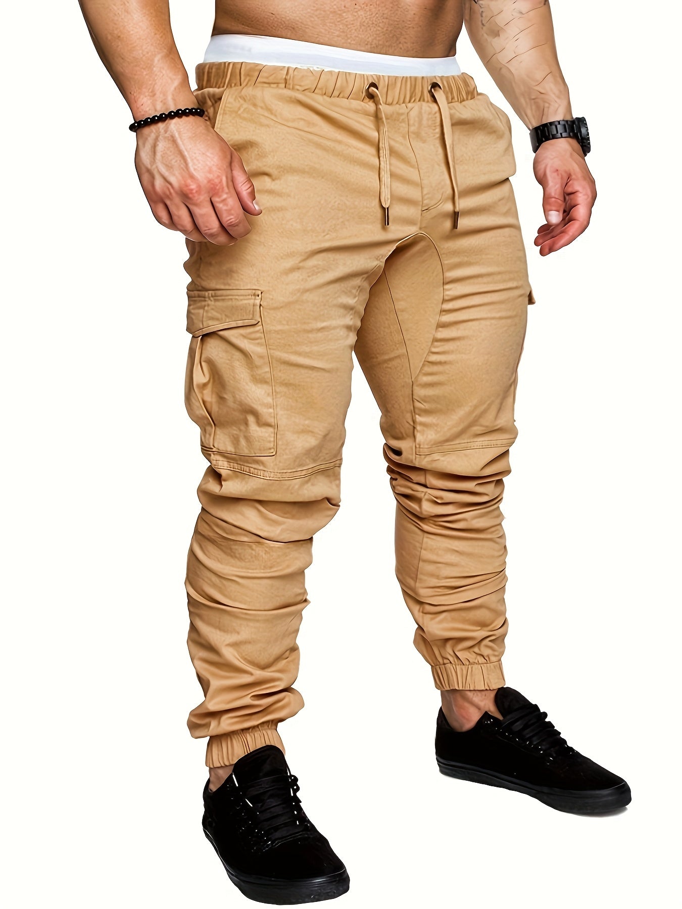 Men'S Casual Cargo Pants, 95% Cotton 5% Spandex, Skinny Fit, Solid Color, Long Length, Woven Fabric, Non-Stretch, with Pockets, 215g/m² Weight