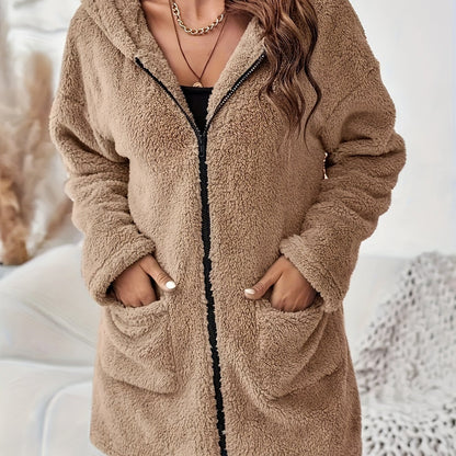 Women's Winter Elegant Solid Color Zipper Patch Pocket Long Sleeve Plush Hooded Coat