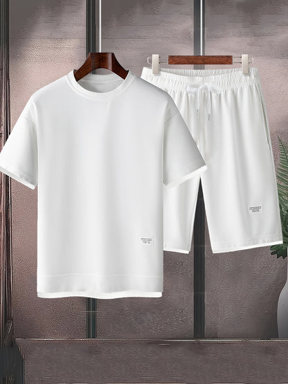 Waffle short-sleeved T-shirt Men's casual sports suit summer loose fake two-piece half-sleeve T-shirt set