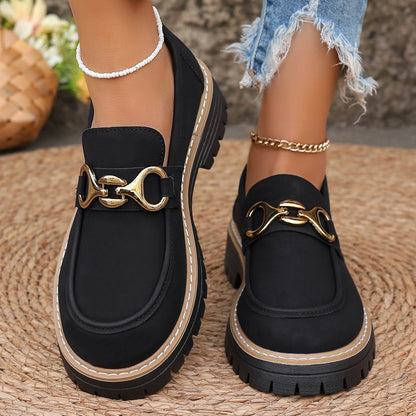 Women's Slip-On Loafers with Golden-Tone Metallic Accents - Synthetic Cover Upper, Non-Slip Rubber Sole, Round Toe Comfort - All-Season Casual & Formal Shoes (Black), Ladies Shoes