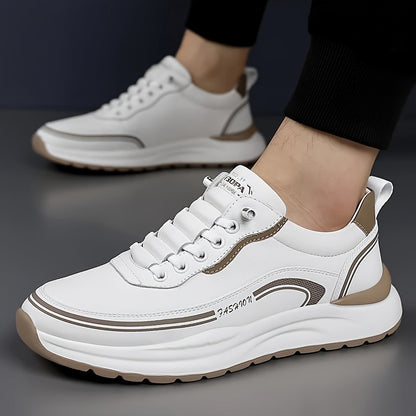 Men's Breathable Lightweight Casual Sneakers - Soft EVA Sole, White & Brown Low-Top Lace-Up Shoes for Casual Attire & Light Running, All-Season Comfort, Sleek Shoe Design, Daily Walking, Minimalist Style, Flexible Sole, Urban