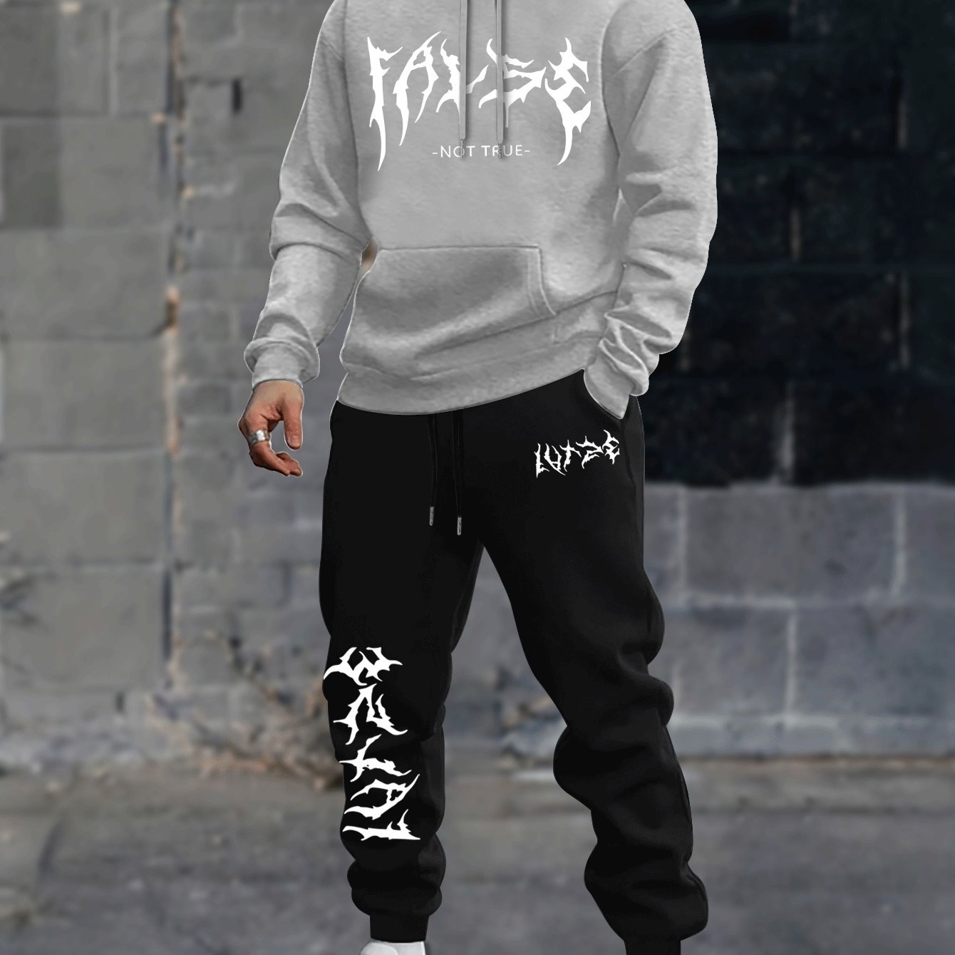 Durable Fabric, Men's Casual Sporty Hoodie and Jogger Set - Trendy Geometric Print, Blue and Black, Polyester Blend, Machine Washable, Perfect for Fall/Winter