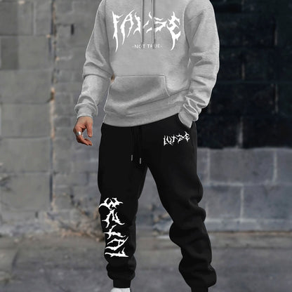 Durable Fabric, Men's Casual Sporty Hoodie and Jogger Set - Trendy Geometric Print, Blue and Black, Polyester Blend, Machine Washable, Perfect for Fall/Winter
