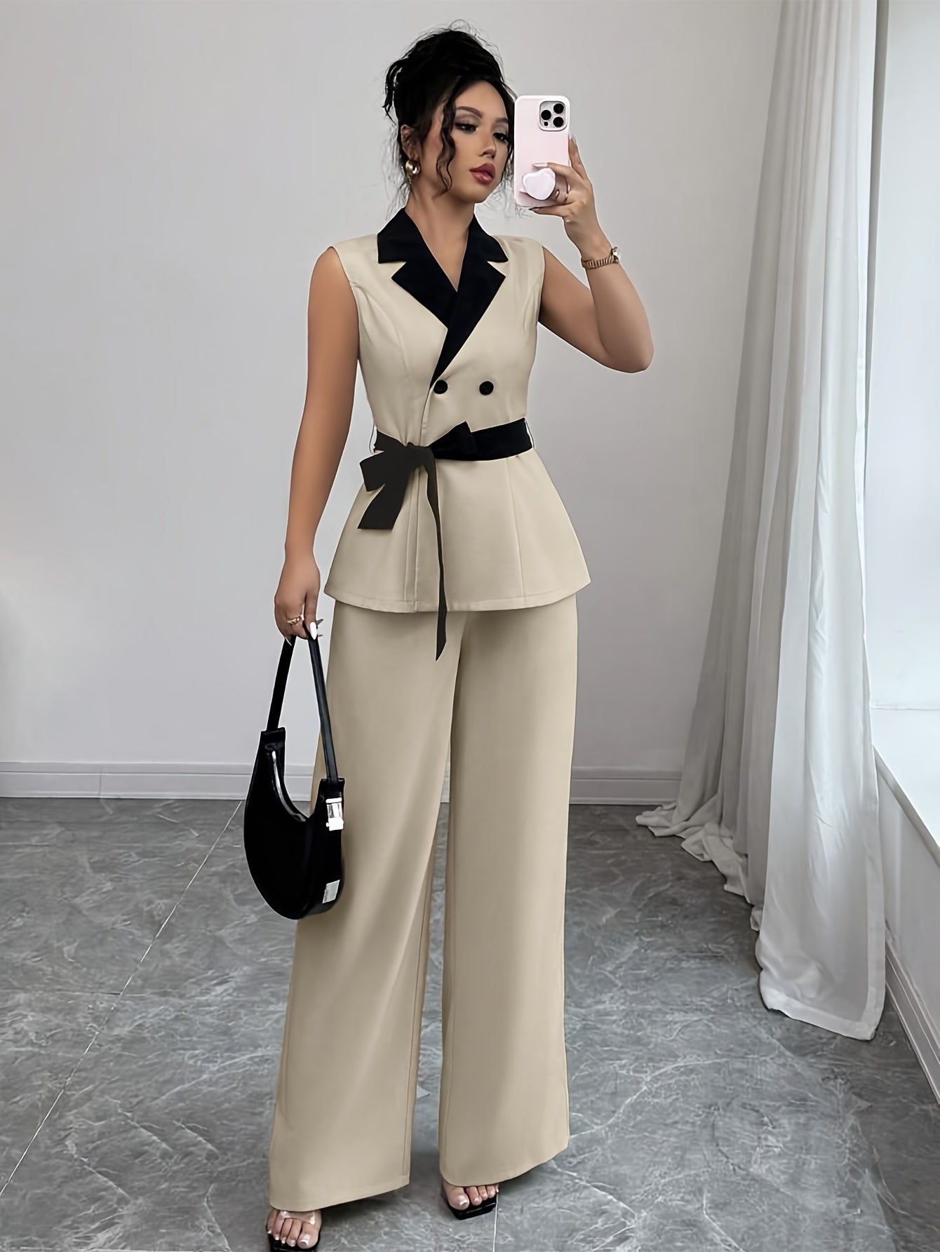 Women'S Elegant Sleeveless Blazer and Wide-Leg Pants Set - Beige with Black Accents, Belted Waist, Button-Up Top, Flowy Pants, Perfect for Spring/Summer, Stylish Office or Casual Wear, Casual Attire | Elegant Outfit | Polyest