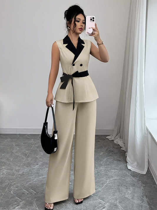 Women'S Elegant Sleeveless Blazer and Wide-Leg Pants Set - Beige with Black Accents, Belted Waist, Button-Up Top, Flowy Pants, Perfect for Spring/Summer, Stylish Office or Casual Wear, Casual Attire | Elegant Outfit | Polyest