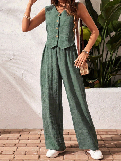 Women's Solid Color Front Buckle Sleeveless Shirt and Trousers Casual Suit Spring/Autumn Women's Fashion Elegant Unique Two-Piece Set