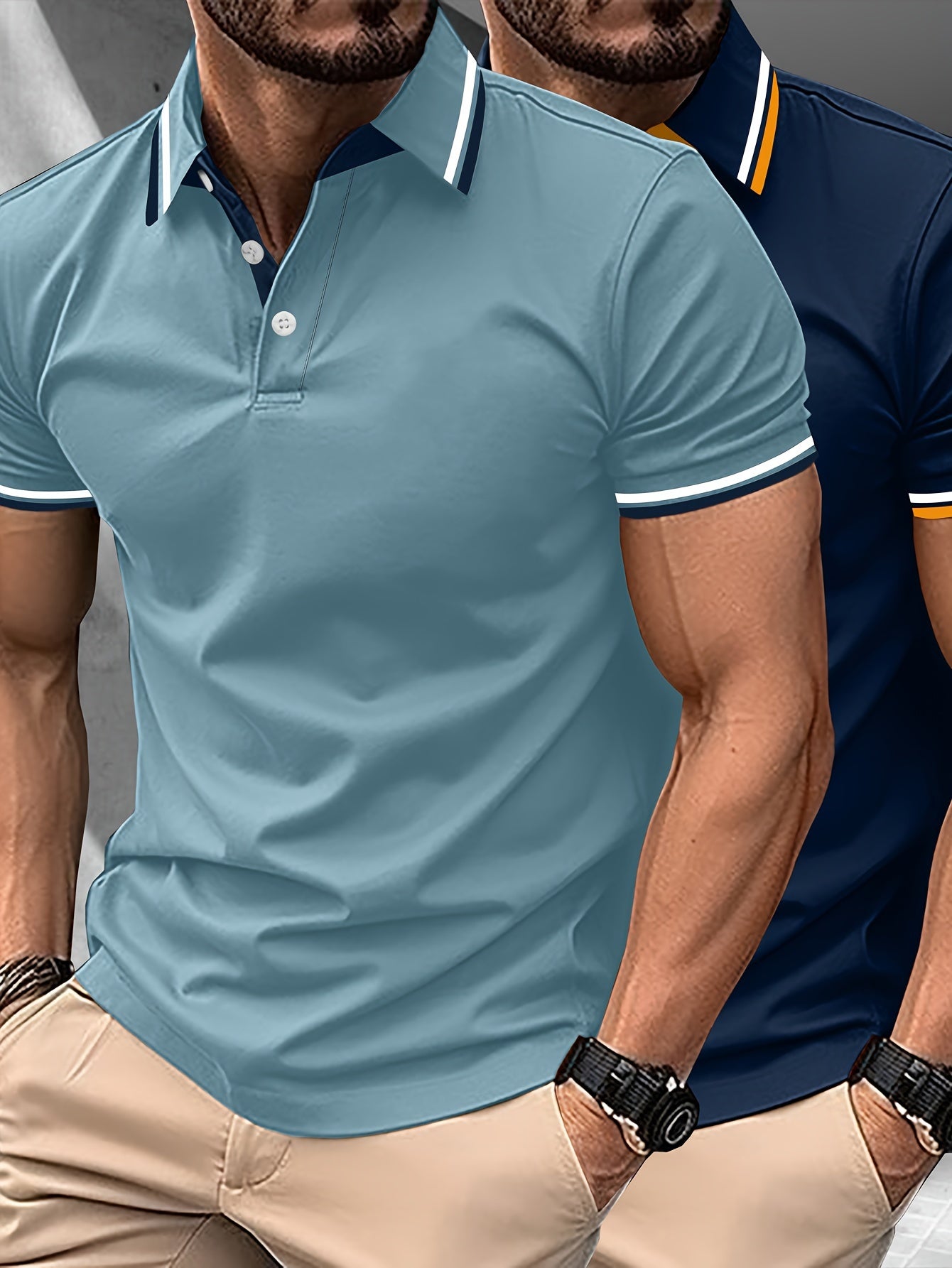 2pcs Men's Short-Sleeve Shirts with Contrast Collars - Lightweight Polyester, Pastel Blue & Pink, Turn- Collar, Button Closure, Regular Fit, Casual & Business-Casual Wear, Ideal for Summer or Gifting, Short Sleeve Tops