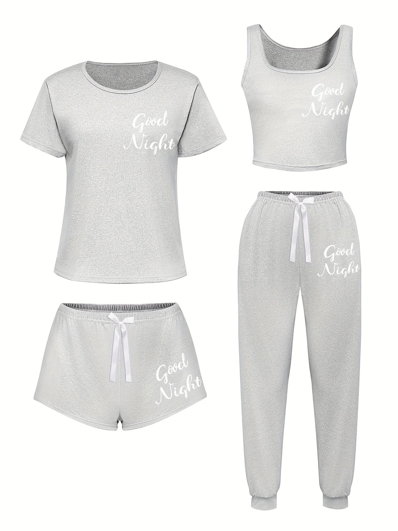 4pcs Women'S Sleepwear Set - Soft & Casual "Good Night" Print, Short Sleeve T-Shirt, Shorts & Pants with Bow Detail - Perfect for Spring, Summer, Fall & Winter - Soft, Comfortable Loungewear