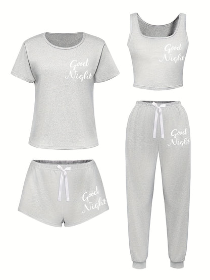 4pcs Women'S Sleepwear Set - Soft & Casual "Good Night" Print, Short Sleeve T-Shirt, Shorts & Pants with Bow Detail - Perfect for Spring, Summer, Fall & Winter - Soft, Comfortable Loungewear