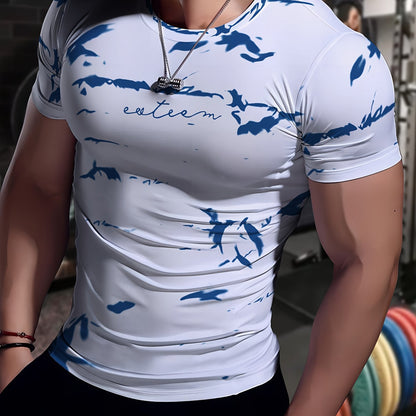 Men's High-Elasticity Anti-Tear Graffiti T-Shirt - Black & White Geometric Print, Tight-Fit Athletic Top for Gym, Running, Yoga & Casual Summer Wear, Gym Clothes, Highelastic Polyester, Short Sleeve Design