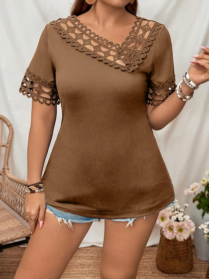 Women's Plus Size Elegant Short Sleeve Top with Asymmetrical Neckline and Lace Cut-Out Detail - Stretchy Polyester Blend, Machine Washable, Black, Perfect for Spring/Summer Casual Outfits, Spring Fashion Wear | Asymmetrical N