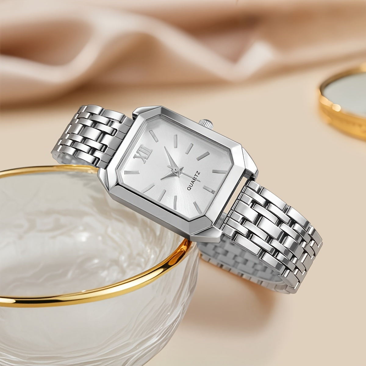 Women's Glamorous Elegant Quartz Watch - Light Blue Dial, Roman Numeral XII, Alloy Metal Band, Rectangular Case, Non, Everyday Casual & Formal Wear, Middle East Collection Luxury Gift, Formal Timepiece | Sophisticated Style |